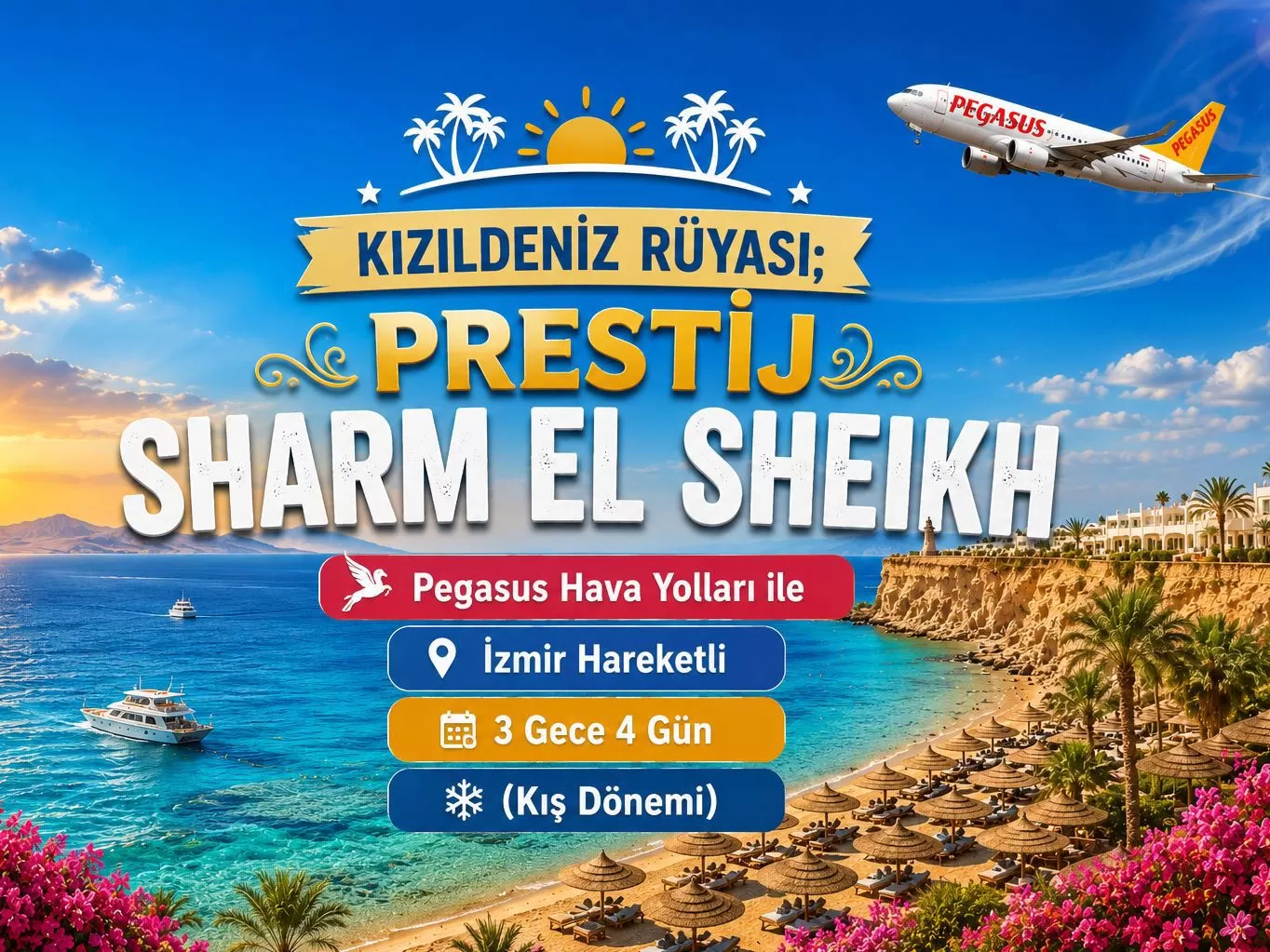 İzmir Adnan Menderes Havalimanı Kalkışlı Pegasus Hava Yolları İle 3 Gece 4 Gün Kızıldeniz Rüyası ; Prestij Sharm El Sheikh Turu (Kış Dönemi) (536)